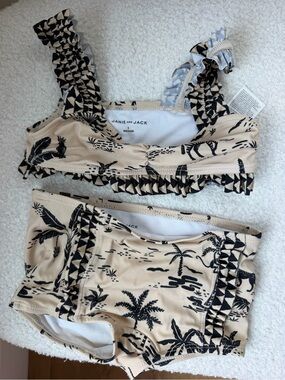 Janie and Jack Beige and Black Palm-Print Bikini Set with Ruffle Trim